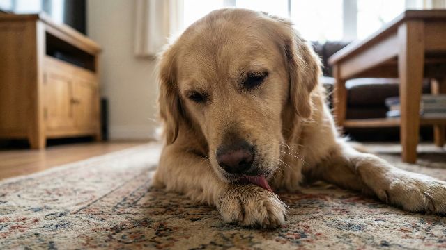Dog licking paw